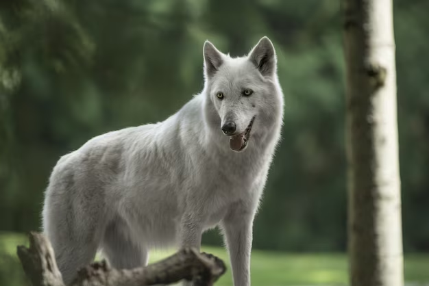 White wolf with blurred green scenery background