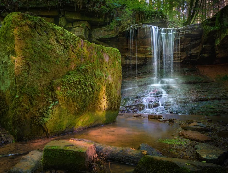 a waterfall flowing through a forest during daytime