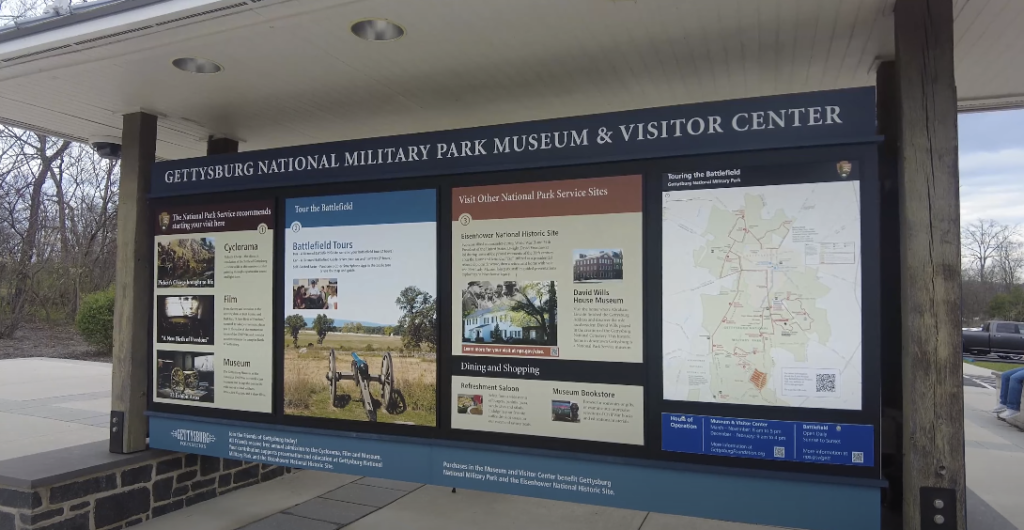 Bulletin board displaying details, including a map of Gettysburg National Military Park Museum and Visitor Center.