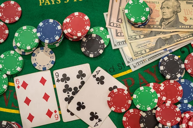 Casino Table with Money, Poker Chips, and Cards